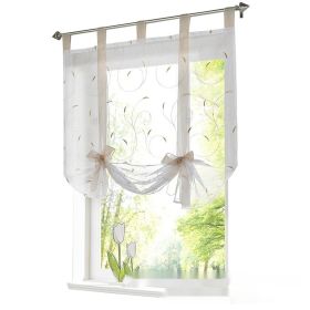 Embroidered Pastoral Adjustable Curtain Rod Ribbon Roman Window Screen (Option: Sand-80 × 140cm)