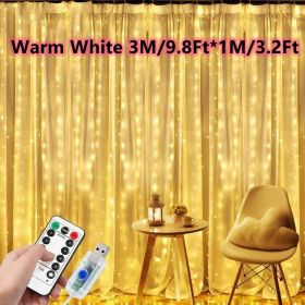 1pc; Window String Lights; Christmas Decoration 100/200/300 LED Remote Control USB Wedding Garland Curtain Lamp 3M/9.8Ft Fairy Lights (Color: Warm White)
