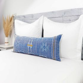 Moroccan Handwoven Cactus Silk Lumbar Pillow 14 x 36 Embroidered cushion (Color: Dark Blue)