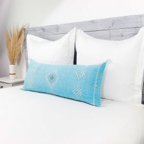 Moroccan Handwoven Cactus Silk Lumbar Pillow 14 x 36 Embroidered cushion (Color: Cyan Blue)