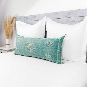 Moroccan Handwoven Cactus Silk Lumbar Pillow 14 x 36 Embroidered cushion (Color: Pine Green)