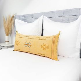 Moroccan Handwoven Cactus Silk Lumbar Pillow 14 x 36 Embroidered cushion (Color: Yellow Gold)